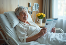 Lit médicalisé : prise en charge et équipement adapté pour le confort Femme agee lisant un magazine dans un lit medical moderne