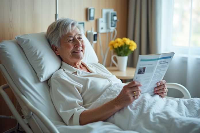 femme-agee-lire-magazine Femme agee lisant un magazine dans un lit medical moderne
