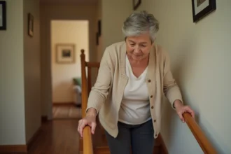 Femme âgée tenant une rampe d'escalier en bois pour éviter une perte d'équilibre liée aux effets secondaires de médicaments