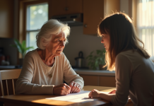 Femme agee stern sitant avec sa fille dans la cuisine