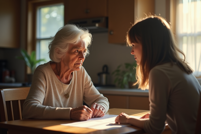Femme agee stern sitant avec sa fille dans la cuisine