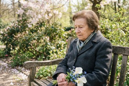 Femme âgée assise sur un banc avec des fleurs blanches et bleues