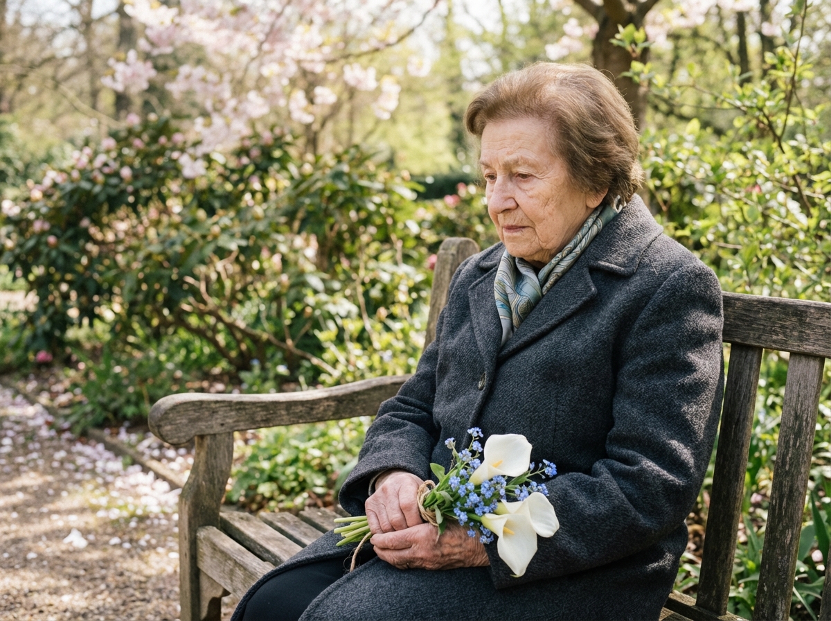 Femme âgée assise sur un banc avec des fleurs blanches et bleues