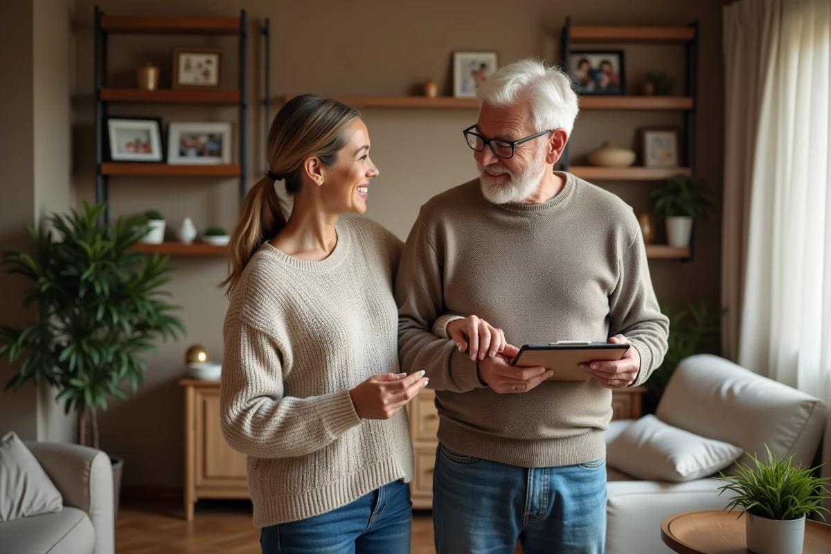 Femme aidant un homme âgé dans un salon chaleureux