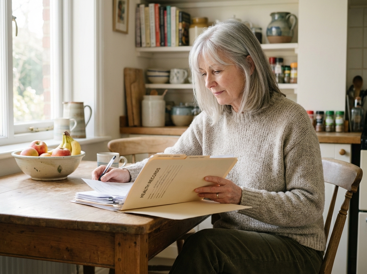 Femme d'âge moyen remplissant un dossier médical dans la cuisine