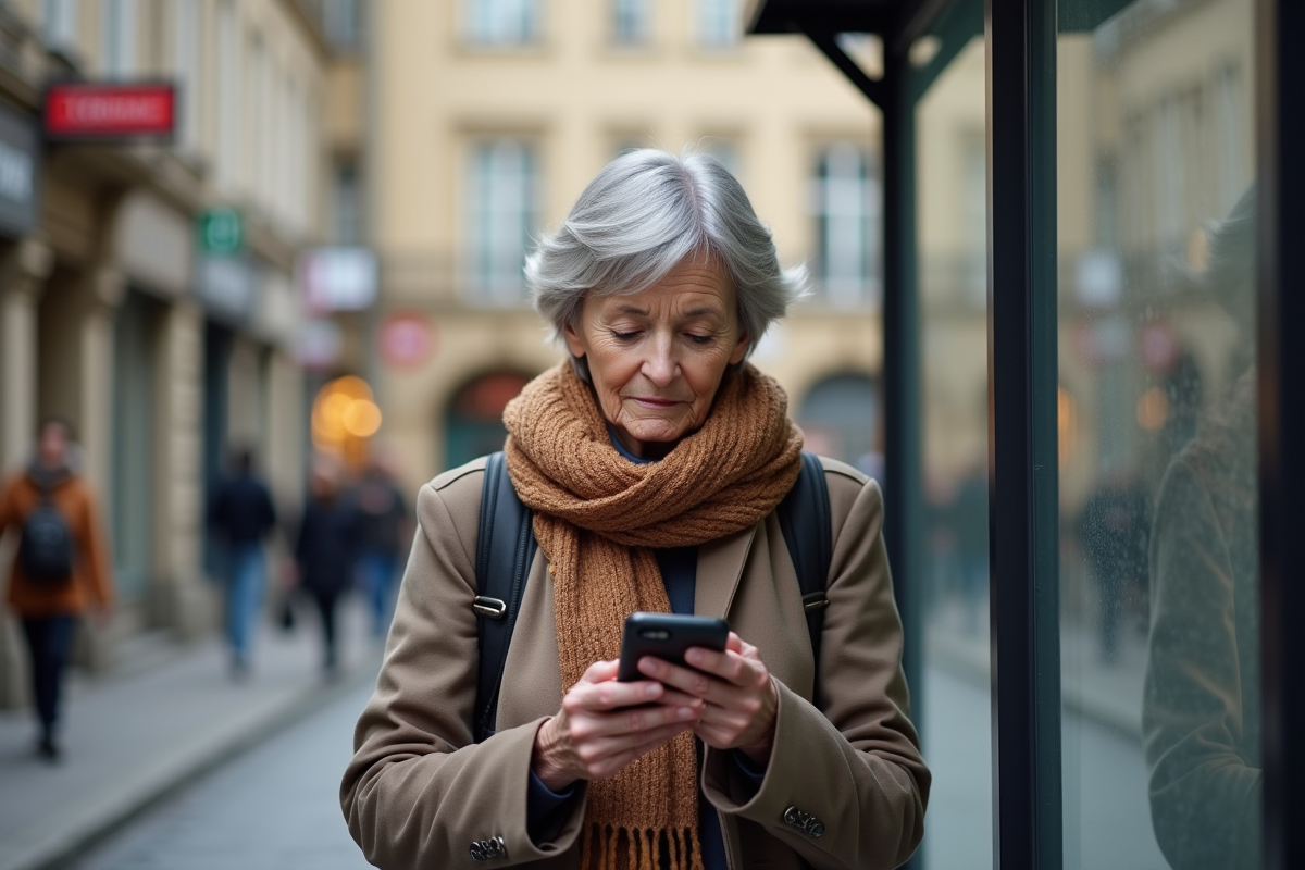 Femme retraitée vérifiant son smartphone à l