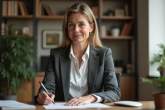 Femme d'âge moyen travaillant dans un bureau accueillant