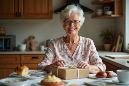 Femme souriante déballant un cadeau d'anniversaire dans la cuisine