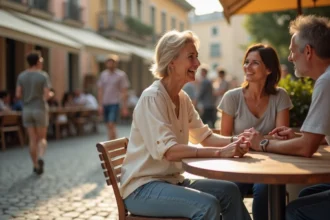 Femme assise au café dans une place européenne ensoleillée