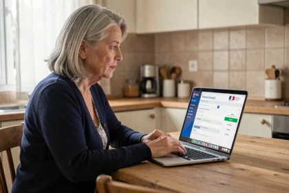Femme de 58 ans consultant son compte Agirc Arrco via France Connect sur un ordinateur portable dans sa cuisine