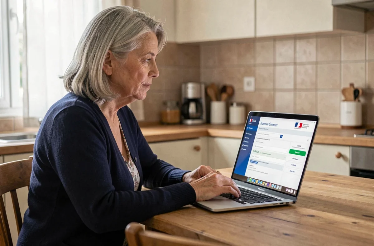 Femme de 58 ans consultant son compte Agirc Arrco via France Connect sur un ordinateur portable dans sa cuisine