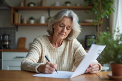 Femme en pull et jeans remplissant une checklist dans la cuisine