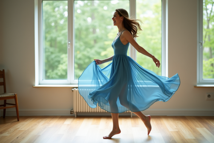 femme-dansee-dans-studio Femme joyeuse en danse dans un studio lumineux