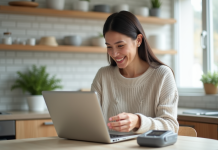 Femme souriante déballant un moniteur de pression digital à la maison