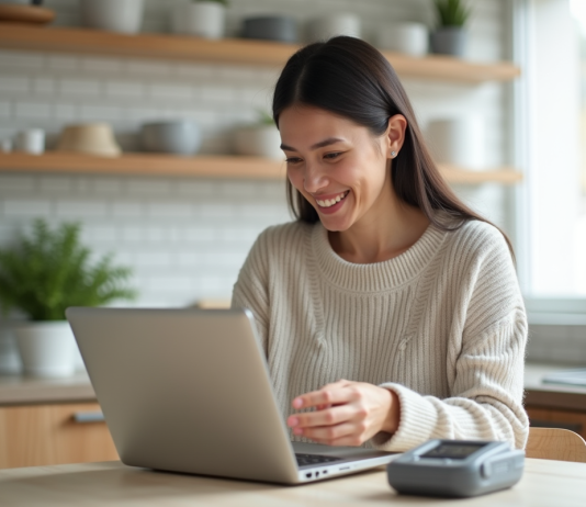 Tensiomètre gratuit : obtenez-le facilement en ligne ! Femme souriante déballant un moniteur de pression digital à la maison
