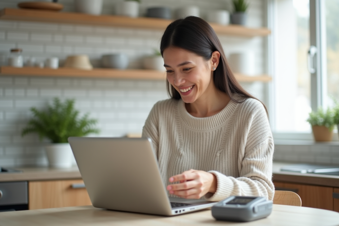Femme souriante déballant un moniteur de pression digital à la maison