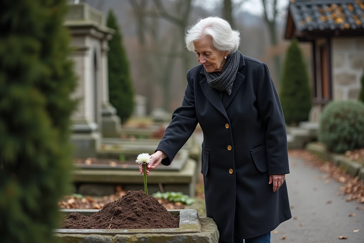 Femme âgée déposé une fleur sur une tombe dans un cimetière