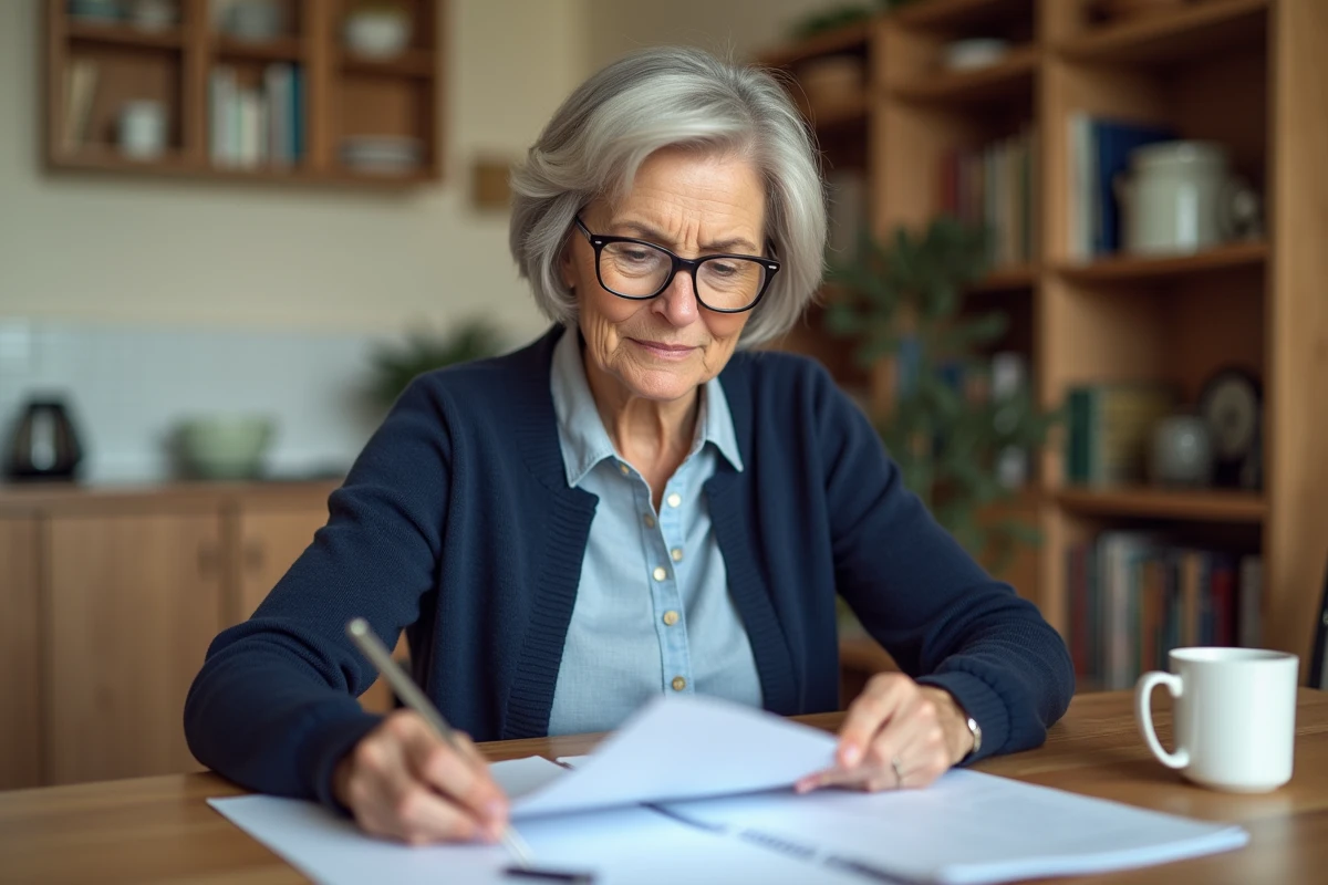 Femme d'une cinquantaine d'années consultant des documents administratifs liés à la protection juridique des majeurs à la table de sa cuisine