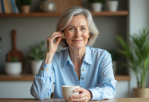 Femme confiante portant une aide auditive discrète