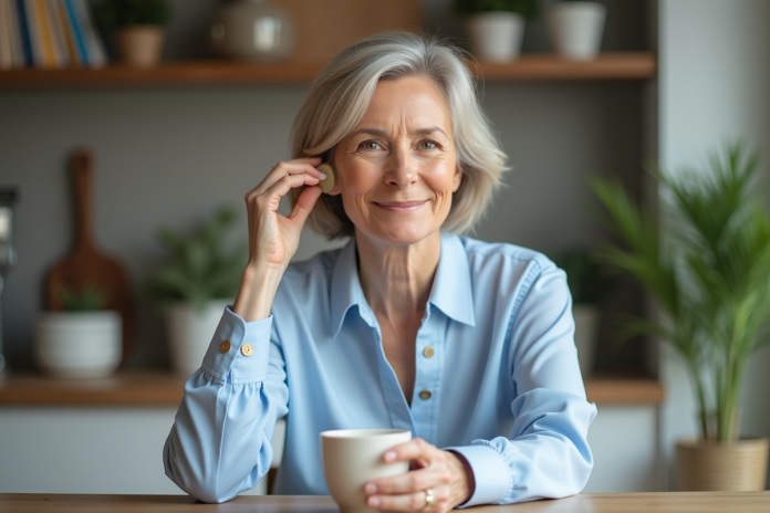 Femme confiante portant une aide auditive discrète