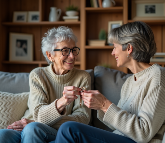Succession : donner sa maison sans frais, nos conseils d’expert en France Femme âgée donnant des clés à sa fille dans un salon chaleureux