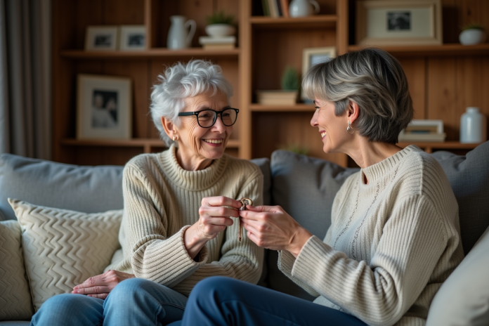 Femme âgée donnant des clés à sa fille dans un salon chaleureux