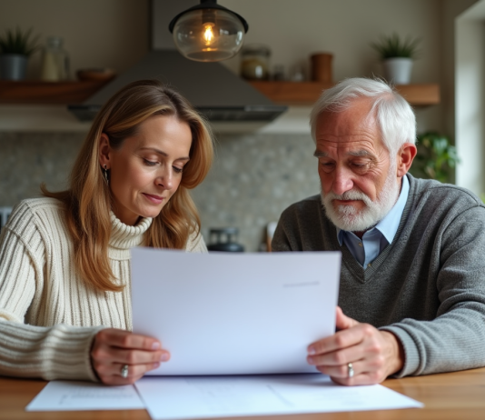 Femme d'âge moyen et homme âgé examinant des papiers dans la cuisine