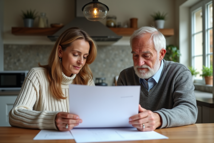 femme-elderly-papiers-kitchen Femme d'âge moyen et homme âgé examinant des papiers dans la cuisine