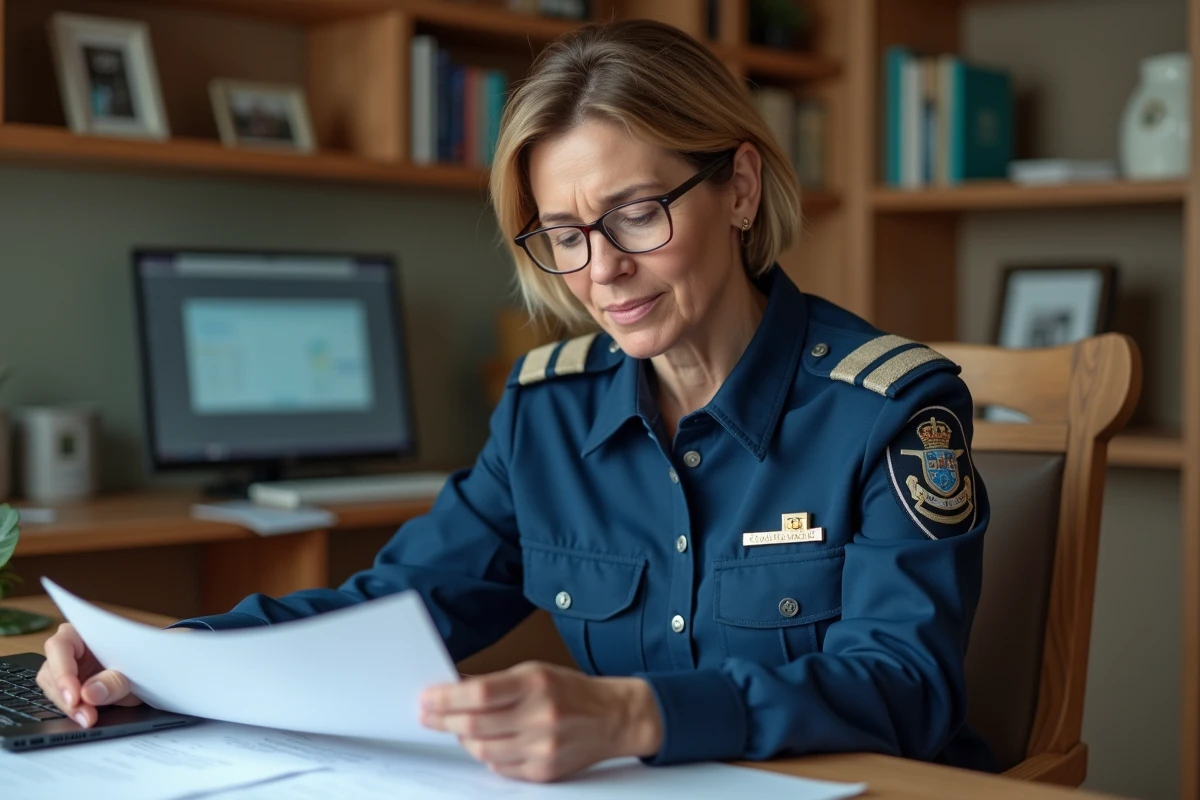 Femme gendarme examinant des papiers dans un bureau chaleureux