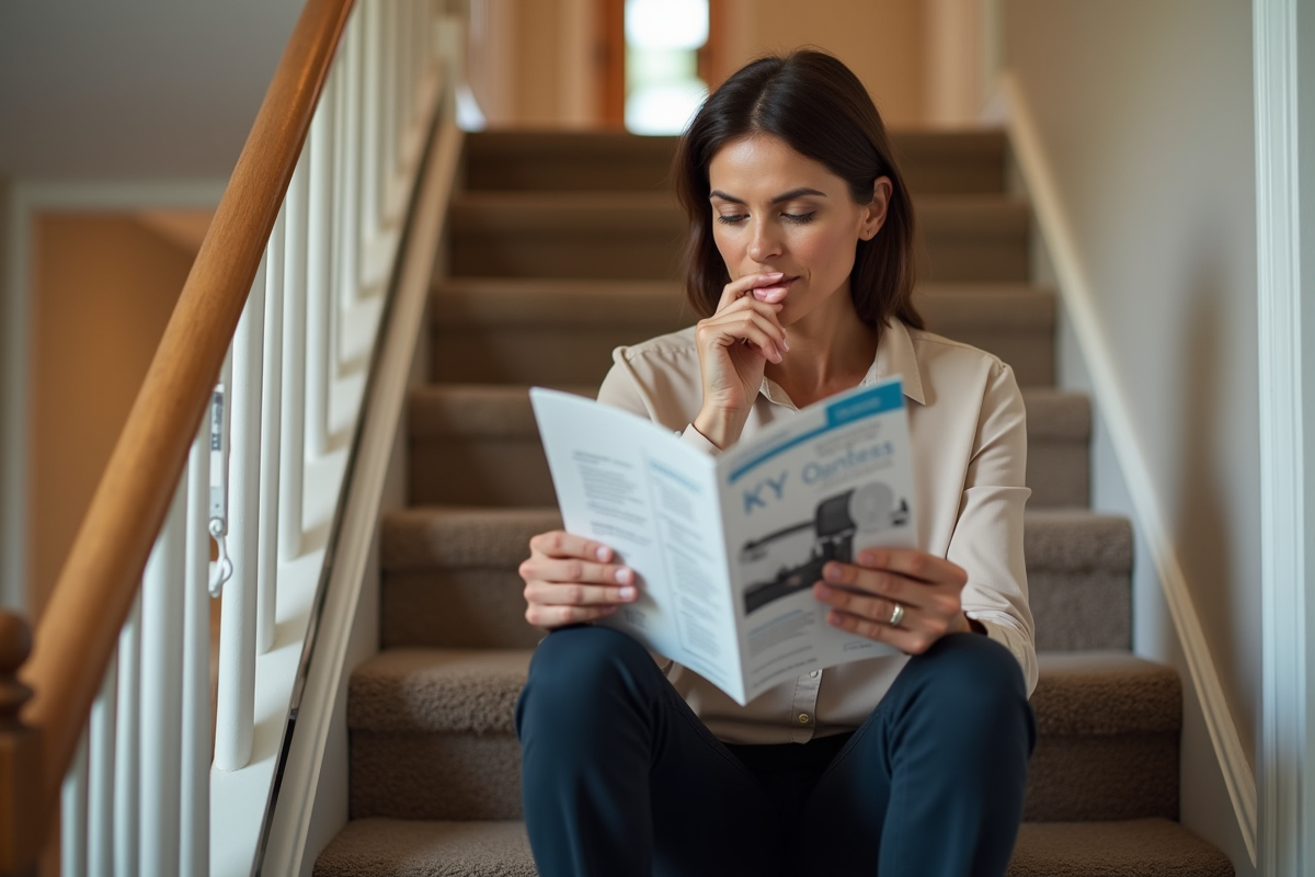 Femme d age lisant une brochure sur les monte-escaliers