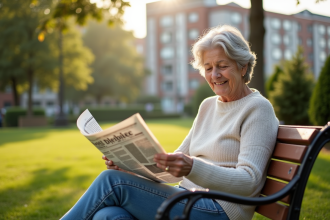 Femme de 60 ans lisant un journal dans un parc urbain