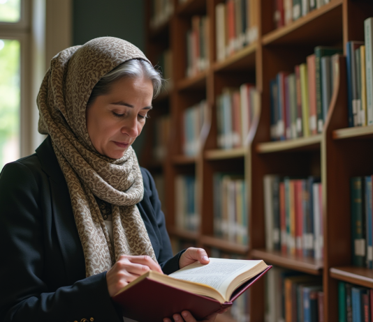 Culture et vie humaine : quel impact sur l’existence ? Femme méditative lisant un livre dans une bibliothèque lumineuse