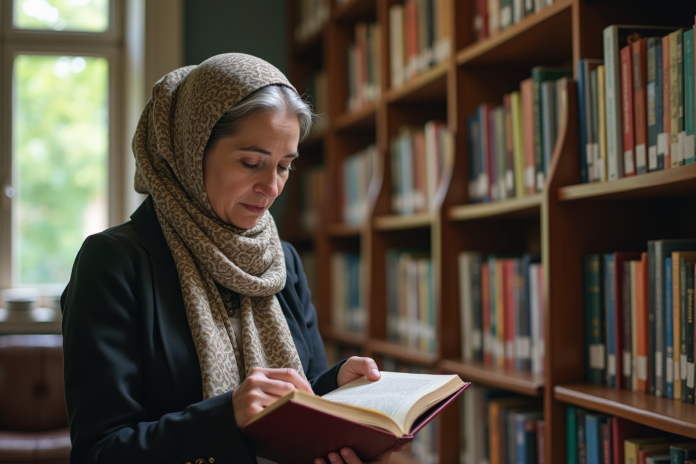 femme-livre-bibliotheque Femme méditative lisant un livre dans une bibliothèque lumineuse