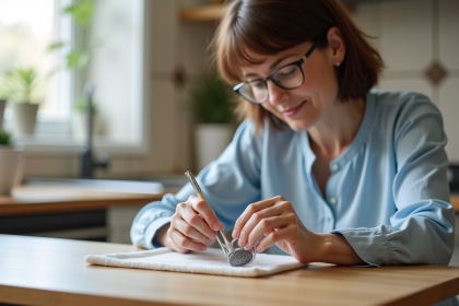 Femme moyenne âge nettoyant son filtre d appareil auditif