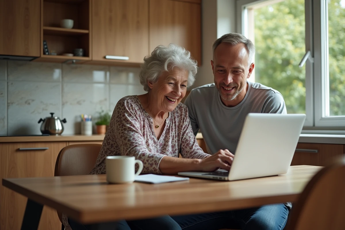Femme âgée et jeune homme vérifiant une liste sur ordinateur