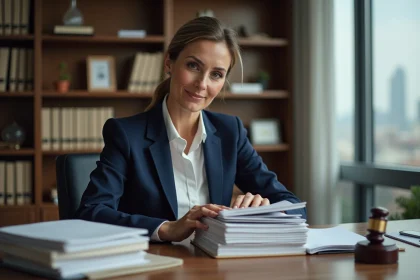 Femme professionnelle organisant des documents juridiques dans un bureau