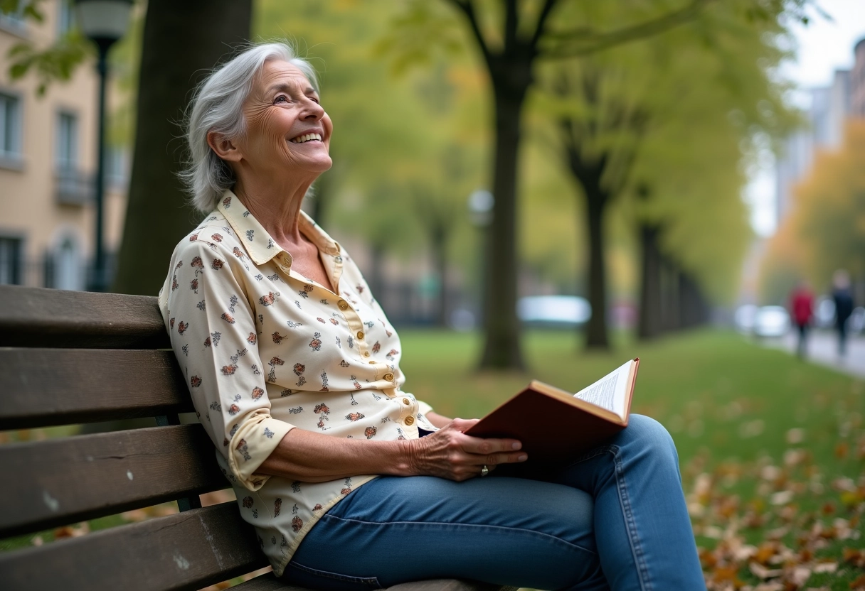 Femme âgée assise sur un banc dans un parc urbain avec livre