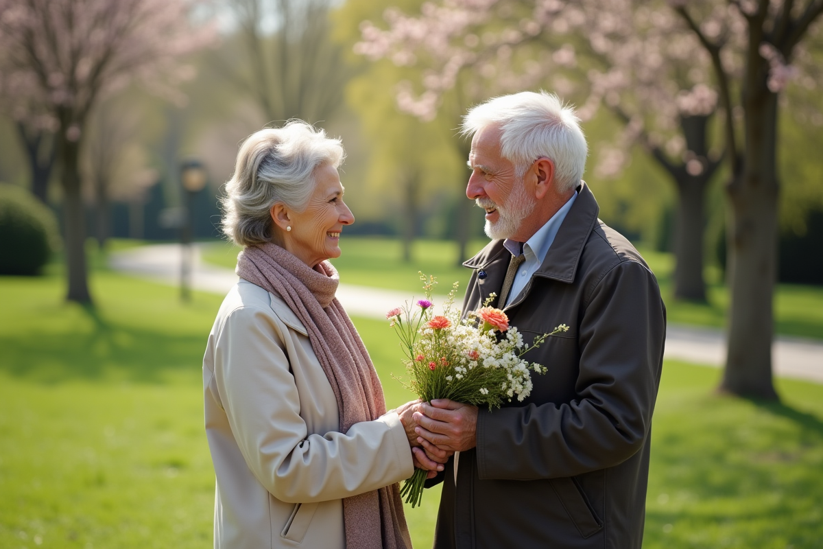 Femme âgée avec bouquet de fleurs dans un parc paisible