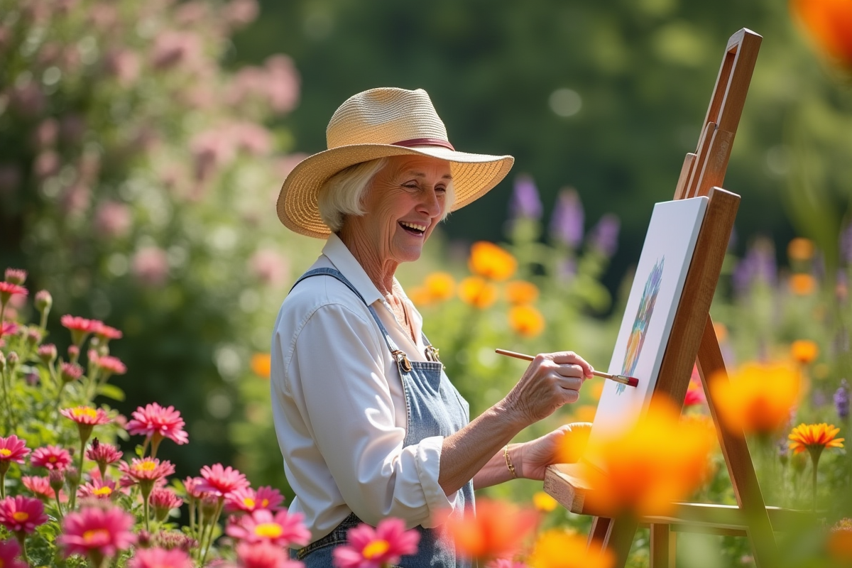 Femme âgée peignant dans un jardin fleuri en plein soleil