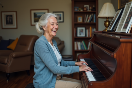 Femme de 70 ans jouant du piano chez elle avec sourire