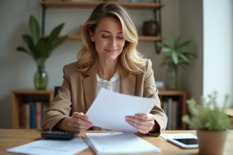 Femme professionnelle examinant des papiers avec calculatrice