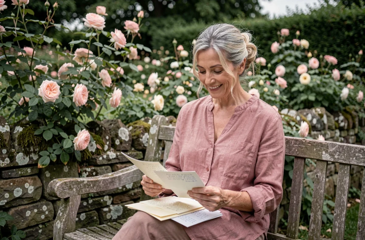 Femme d'âge mûr relisant des cartes manuscrites dans un jardin fleuri pour composer un poème pour sa grand-mère
