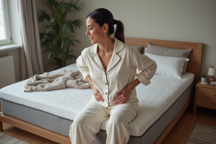 Femme d'âge moyen en pyjama coton sur un lit orthopédique