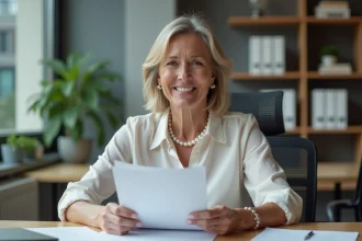 Femme d'âge moyen souriante au bureau pour retraite