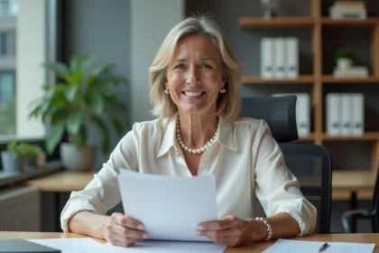 Femme d'âge moyen souriante au bureau pour retraite