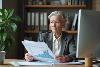 Femme retraitée réfléchissant devant un ordinateur dans un bureau moderne