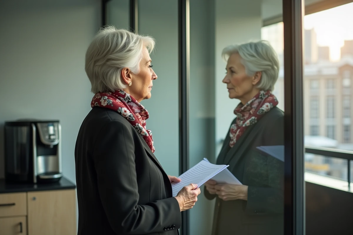 Femme âgée pratiquant son discours dans la salle de pause