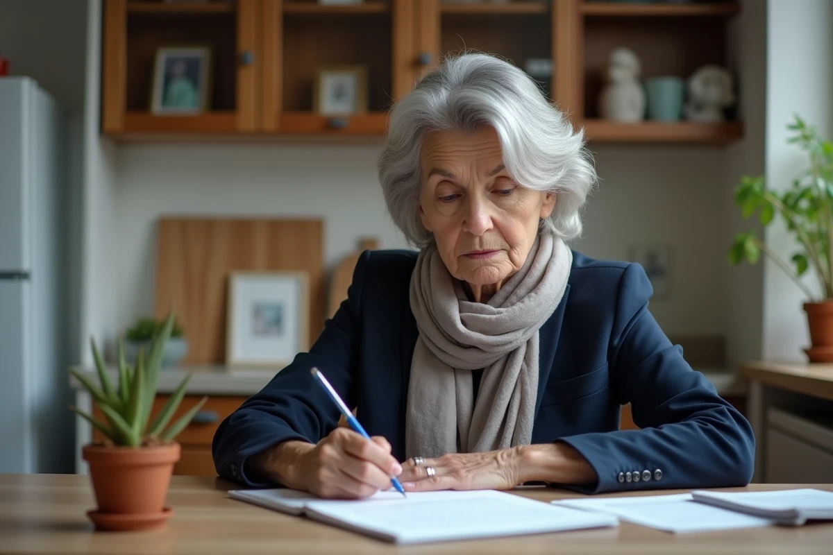 Femme d'âge moyen en costume regardant des documents de retraite