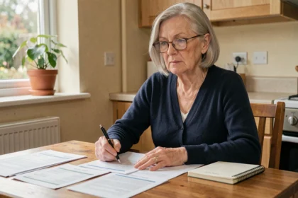 Femme retraitée qui examine ses documents financiers à la table de cuisine pour anticiper ses droits à l'ASPA