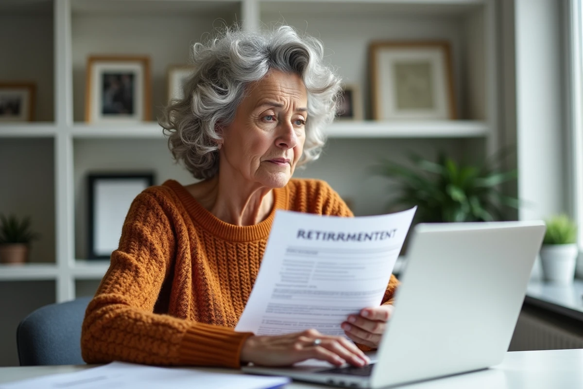 Femme retraitée comparant un formulaire papier de retraite avec des informations sur son ordinateur portable à domicile